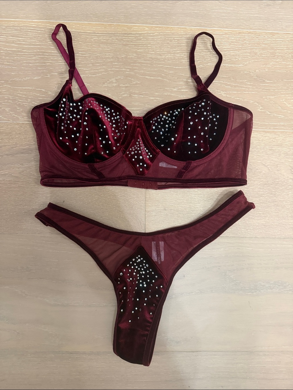 Fashion Nova Burgundy Velvet Rhinestone Bra & Thong Set